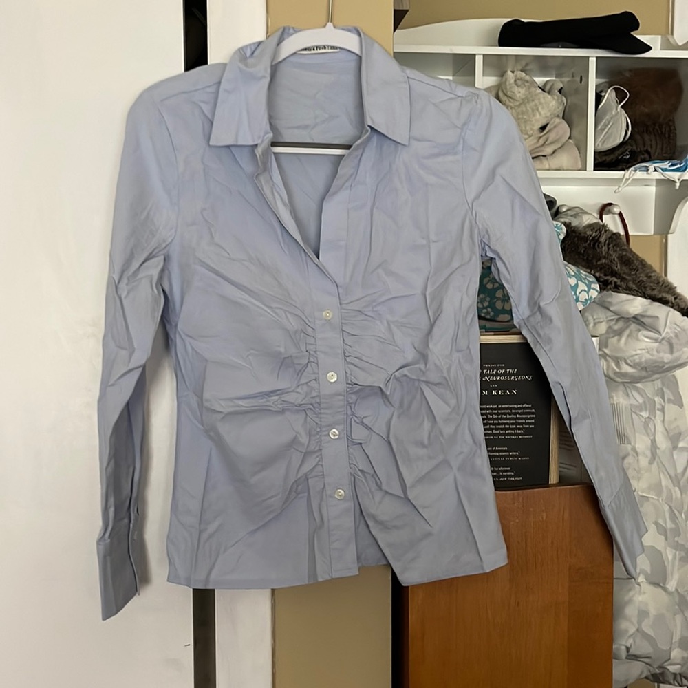 Light blue cinched collared top